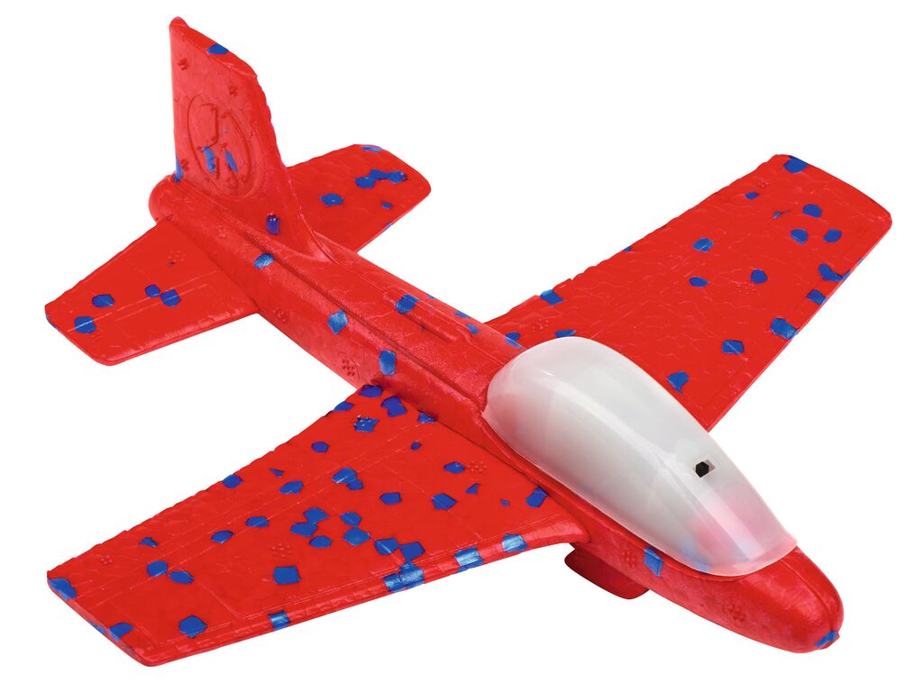 Rotes Modellflugzeug mit blauen Flecken und transparentem Cockpit, Marke: moses. Verlag