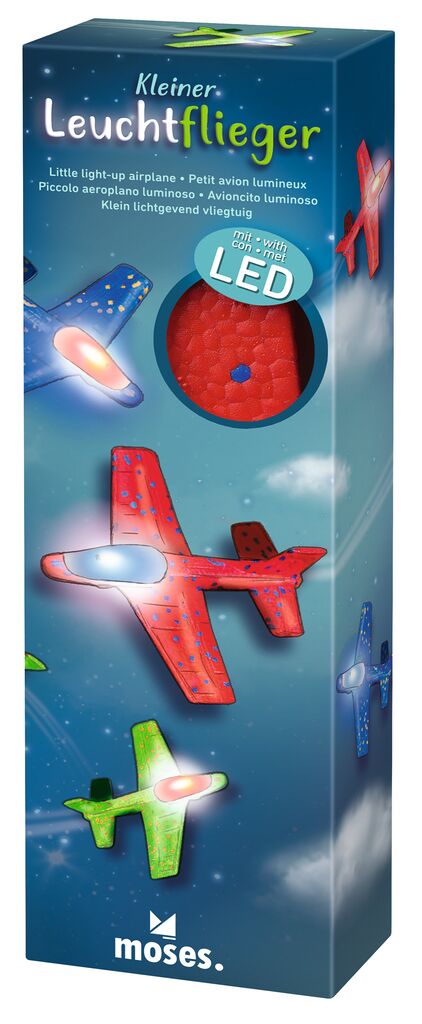 Verpackung mit roten, blauen und grünen leuchtenden Flugzeugmodellen, Aufschrift „Kleiner Leuchtflieger“, Marke: moses. Verlag