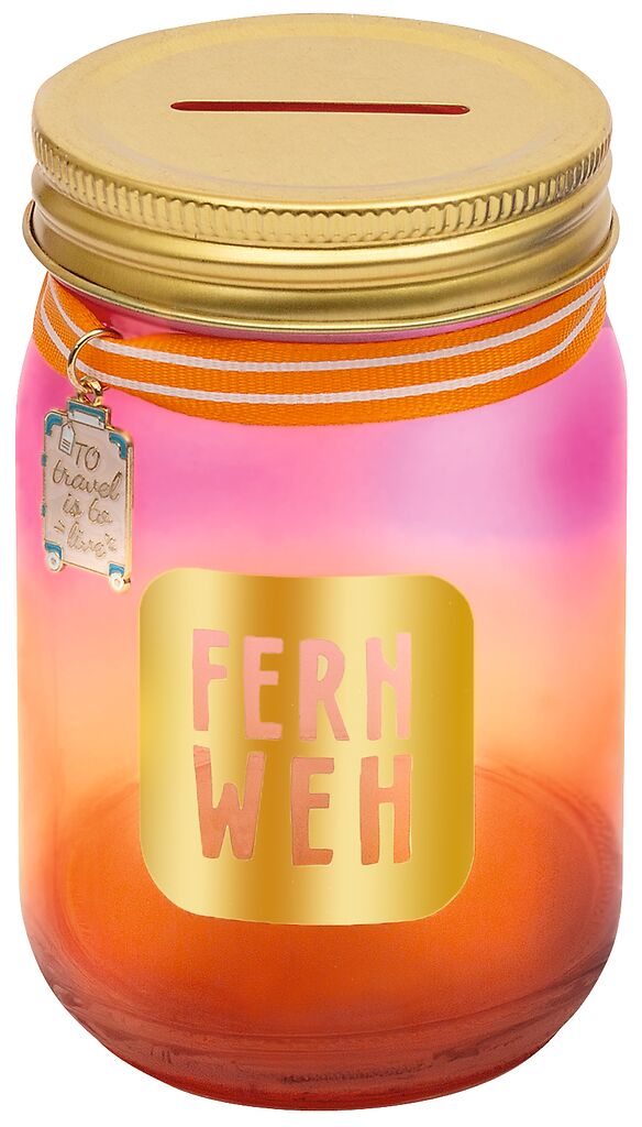 Glas mit goldenem Schraubdeckel, Aufschrift „FERNWEH“, Anhänger „To travel is to live“, Marke: moses. Verlag