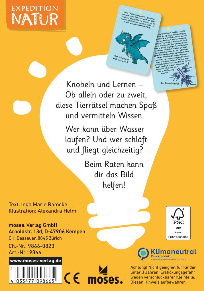 Hellgelber Hintergrund mit weißer Glühbirnenform, Text zum Lernen mit Tierbildern und zwei blauen Karten mit Drachen, Marke: moses. Verlag