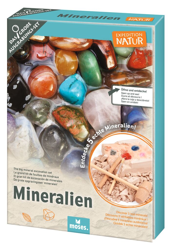 Moses. Expedition Natur - Grande Set Scavo Minerali Con 5 Pietre Vere, Martello, Scalpello E Lente D'Ingrandimento, Gioco Educativo Per Bambini