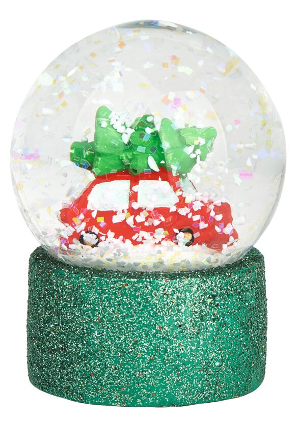 Schneekugel mit rotem Auto und grünem Tannenbaum oben, glitzernder grüner Sockel, Marke: moses. Verlag