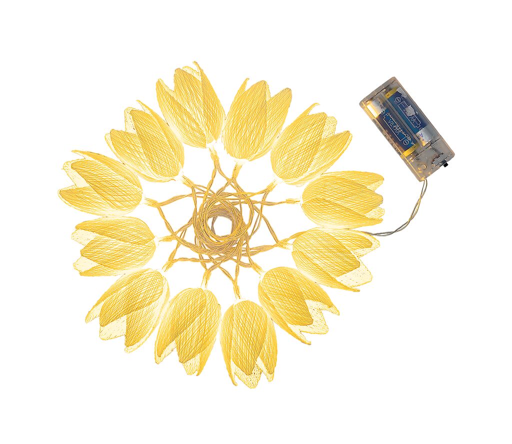 Lichterkette mit gelben Tulpenblüten und Batteriebox, auf weißem Hintergrund Marke: moses. Verlag