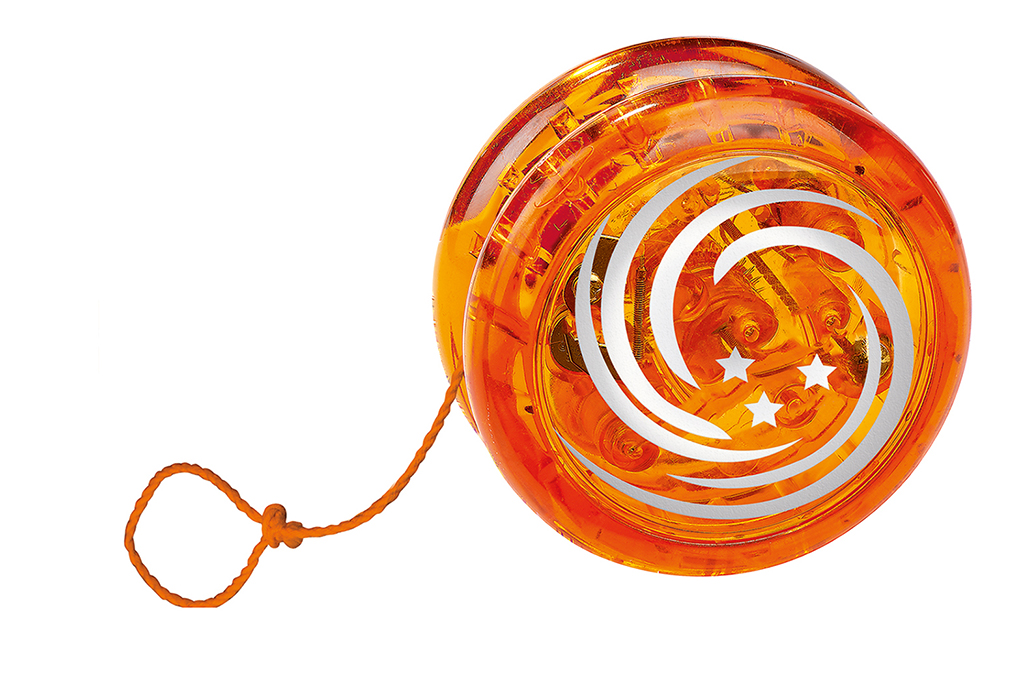 Orangenfarbenes Yo-Yo mit weißem Spiral- und Sternmuster, transparente Hülle, Marke: moses. Verlag