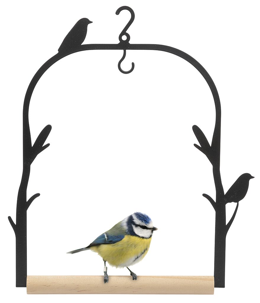 Vogelkäfig aus Metall mit zwei Vogel-Silhouetten und einem Sitzstamm, besetzt mit einer Blaumeise. Marke: moses. Verlag