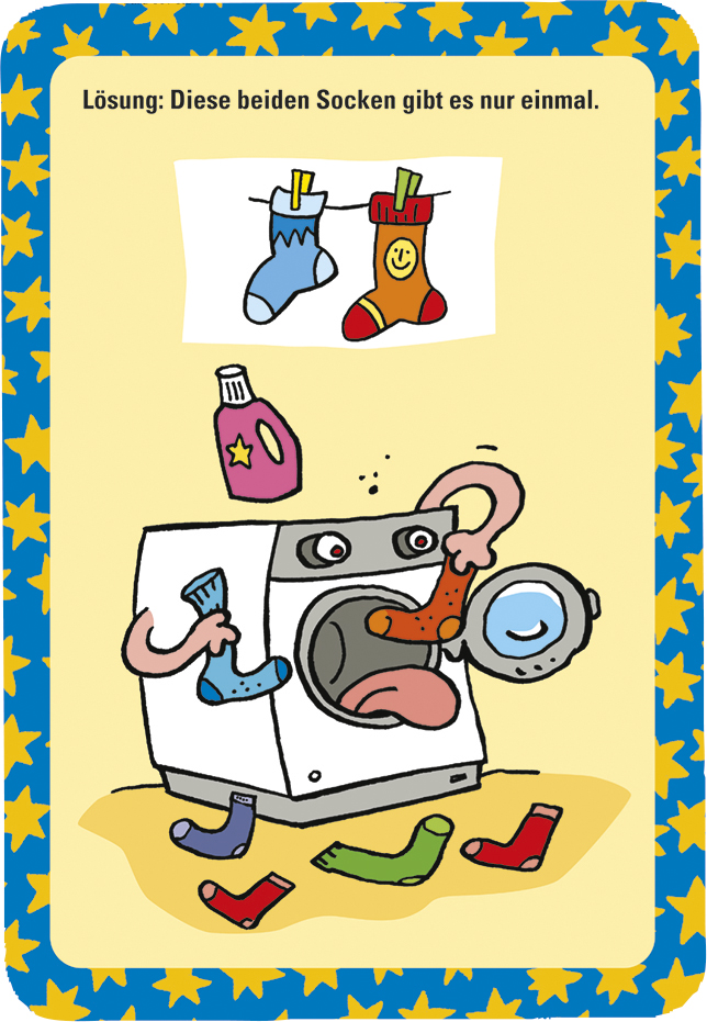 Waschmaschine mit Armen und Gesicht sortiert bunte Socken, darüber Text „Diese beiden Socken gibt es nur einmal.“ Marke: moses. Verlag