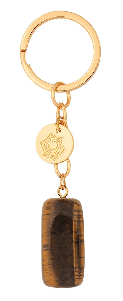 Schlüsselanhänger mit goldfarbenem Ring und Anhänger aus braunem Tigerauge-Stein, goldfarbene Plakette mit Symbol Marke: moses. Verlag
