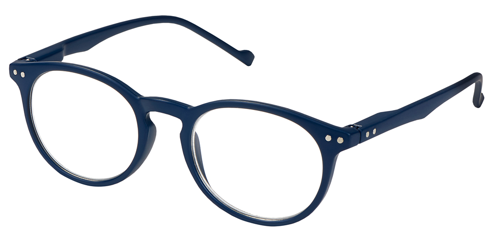 Blaue Brille mit rundem Gestell, ohne sichtbare Aufschrift, Marke: moses. Verlag