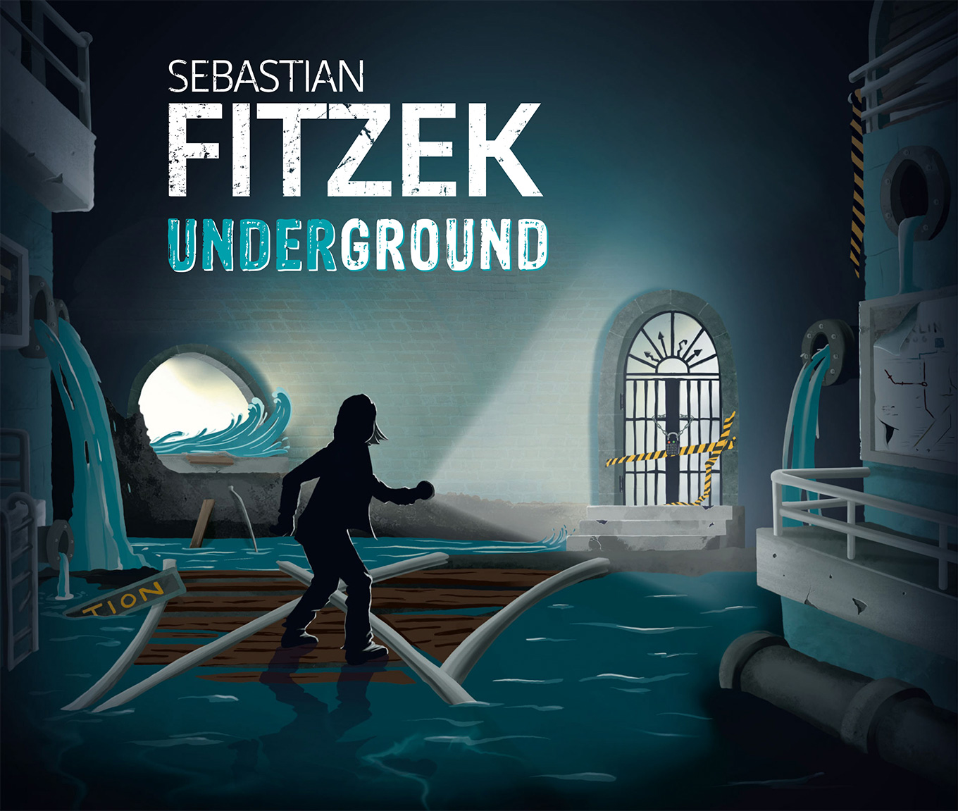 Silhouette einer Person in einem überfluteten Tunnel mit Gittertor, Text "Sebastian Fitzek Underground", Marke: moses. Verlag