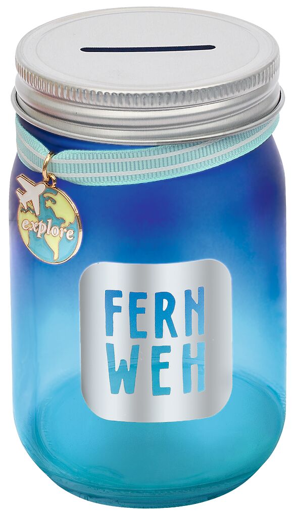 Blaues Einmachglas mit silbernem Deckel und Aufschrift "FERNWEH", Anhänger mit Erde und "explore", Marke: moses. Verlag