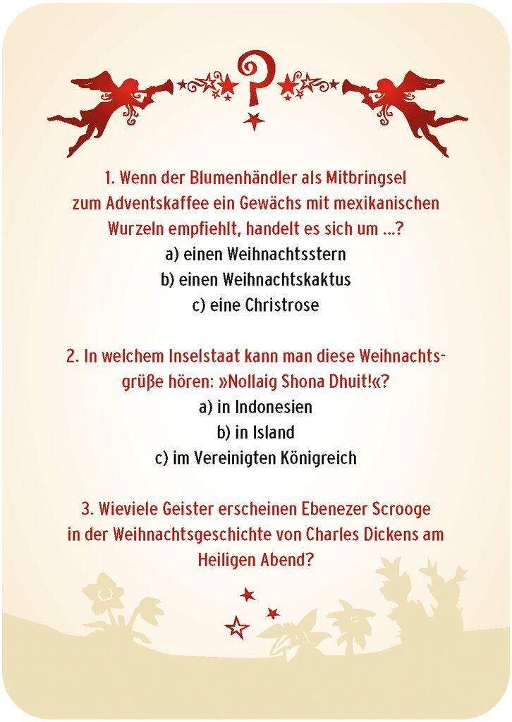 Weihnachtsquiz mit drei Fragen und Antwortmöglichkeiten, verziert mit Engeln und Sternen, Marke: moses. Verlag