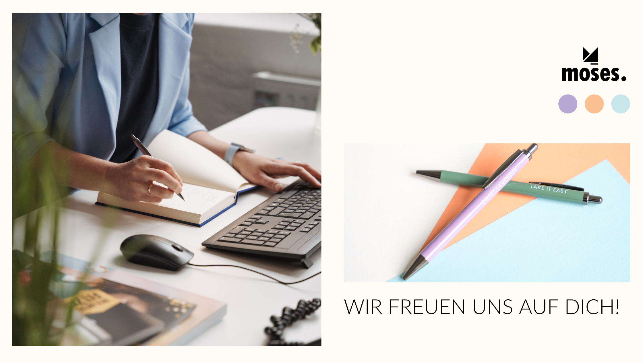 Person schreibt in Notizbuch am Schreibtisch mit Tastatur und Maus, daneben zwei Stifte mit Texten, Marke: moses. Verlag