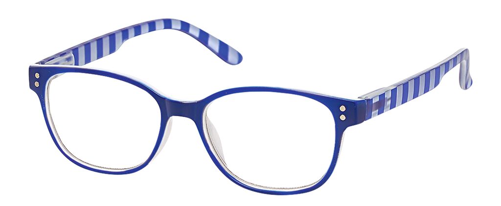 Blaue Brille mit rechteckigen Gläsern und gestreiften Bügeln, keine Aufschrift sichtbar, Marke: moses. Verlag.