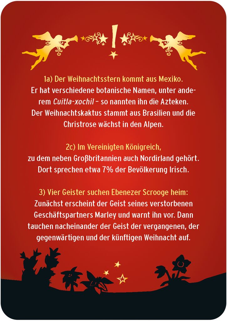Weihnachtlicher Text zu Weihnachtssternen, Vereinigtem Königreich und Geistern von Ebenezer Scrooge auf rotem Hintergrund, Marke: moses. Verlag