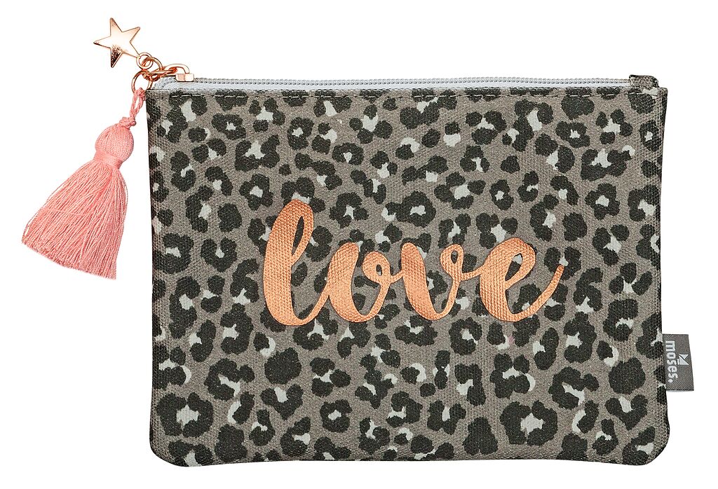 Kosmetiktasche mit Leopardenmuster und rosa Schriftzug "love", Quaste am Reißverschluss, Marke: moses. Verlag