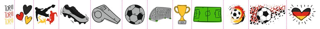 Zeichnungen von Herzen, Fußballspieler, Schuh, Pfeife, Fußball, Tor, Pokal, Spielfeld, Flammenball, geometrischer Ball, Herz mit Deutschlandflagge, Marke: moses. Verlag
