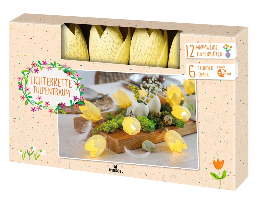 Lichterkette mit 12 warmweißen Tulpenblüten und 6 Stunden Timer, Dekoration mit Eiern und Moos Marke: moses. Verlag