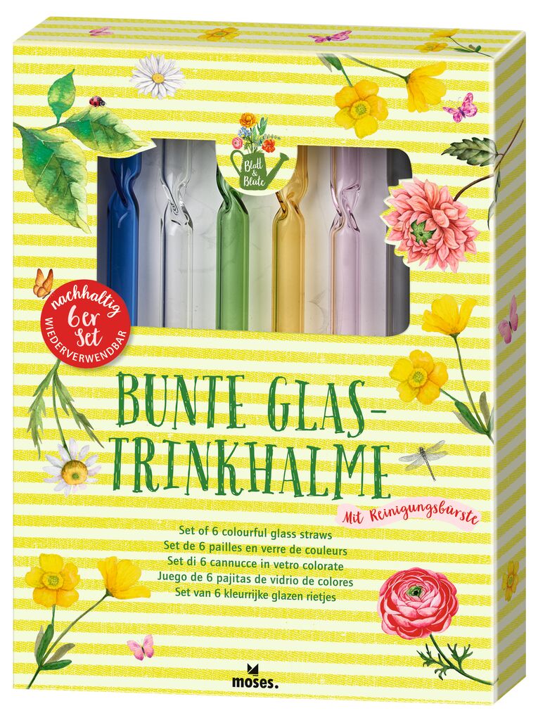 Blatt & Blüte Bunte Glas-Trinkhalme 6er Set