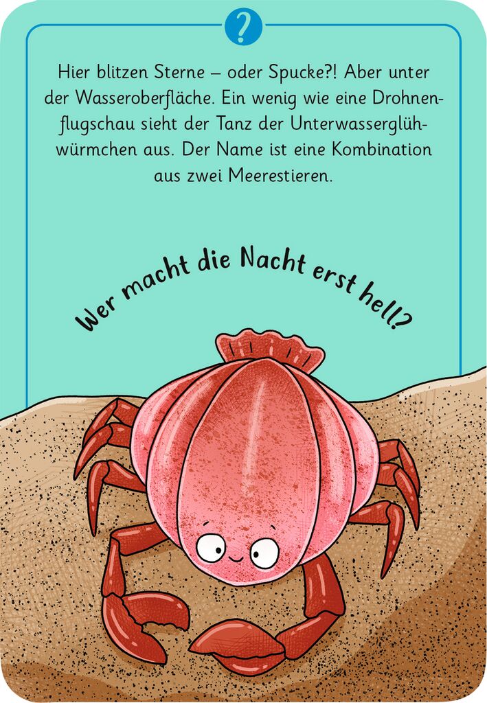 Rosa Krebs mit großen Augen im Sand, darüber Text "Wer macht die Nacht erst hell?" Marke: moses. Verlag