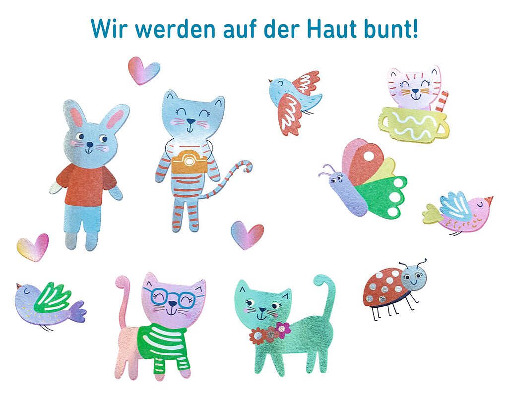 Bunte Tierillustrationen mit Spruch "Wir werden auf der Haut bunt!" oben, Marke: moses. Verlag