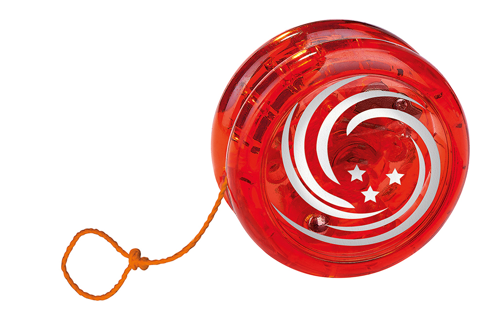 Rotes Yo-Yo mit weißen Sternen und Spiralmuster, orange Schnur, Spielzeug Marke: moses. Verlag