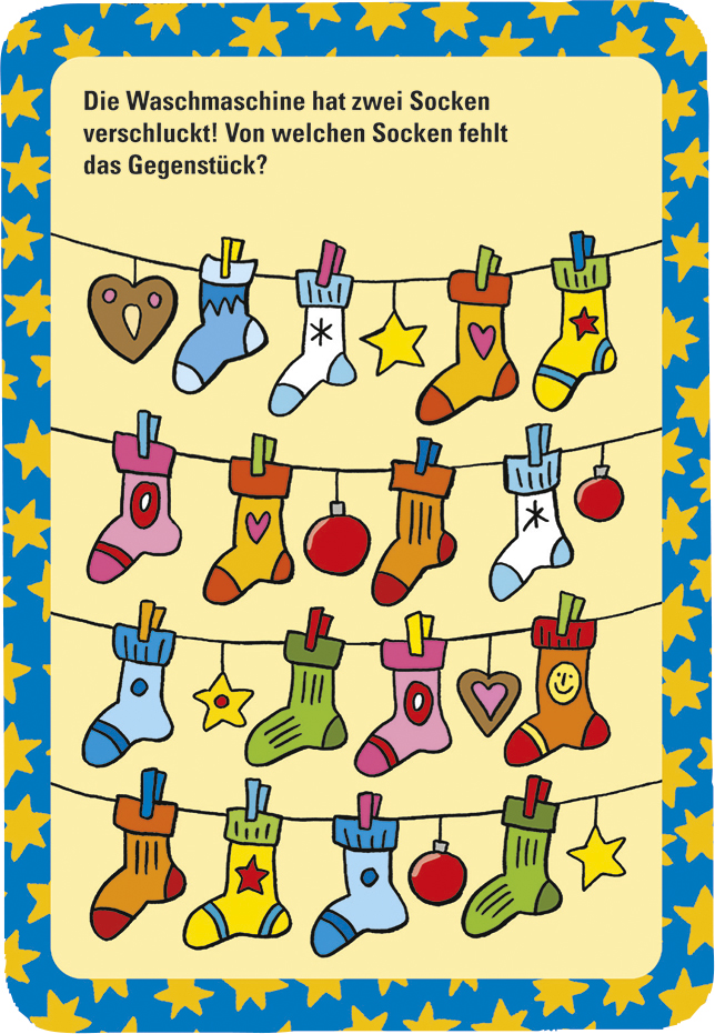 Bunte Socken und Weihnachtsornamente an Leinen, Frage zum fehlenden Sockenpaar, Marke: moses. Verlag