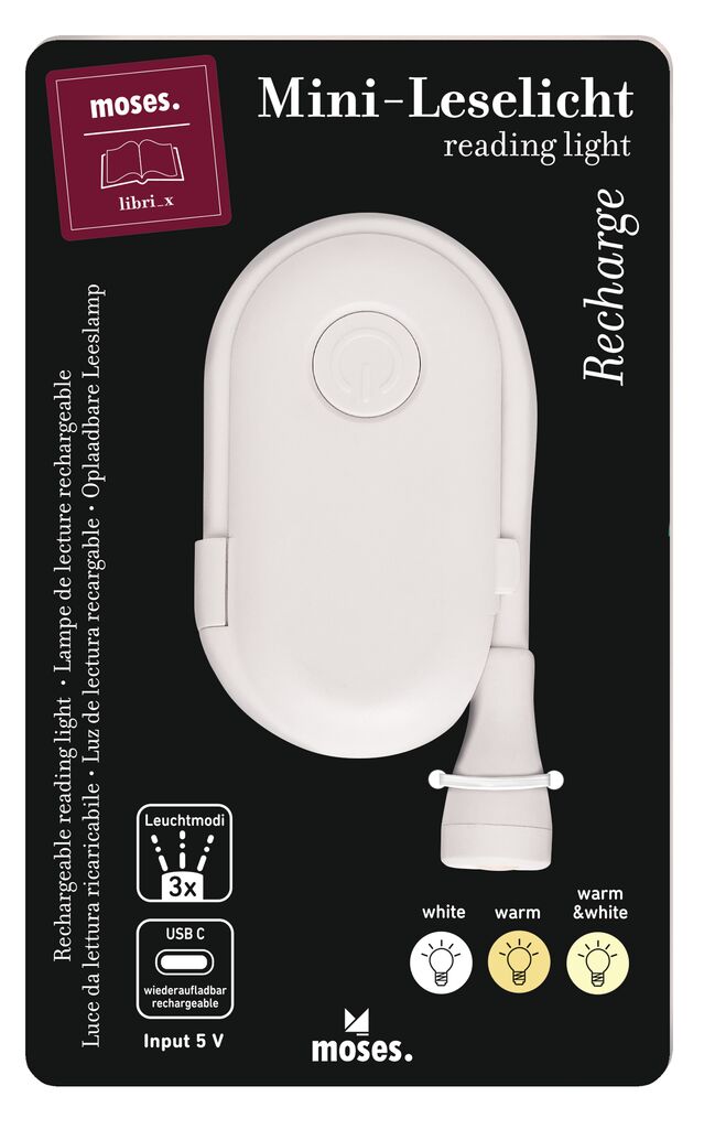 Mini-Leselicht weiß mit USB-C Ladefunktion und drei Leuchtmodi, Verpackung mit Marke moses. Verlag