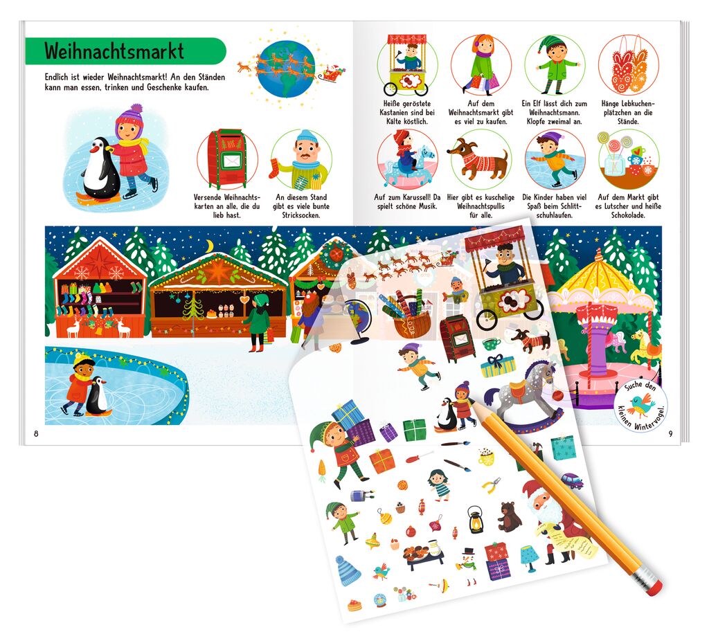 Doppelseite mit Weihnachtsmarktillustrationen, Kindern, Ständen und Suchspiel mit Bleistift Marke: moses. Verlag