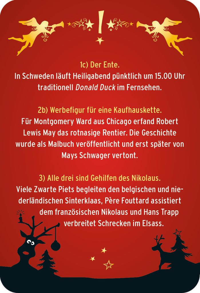 Roter Text mit weihnachtlichen Infos, Engeln und Rentieren als Dekoration. Marke: moses. Verlag